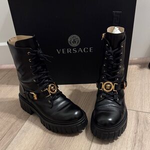 VERSACE Black Leather Combat Boots with Gold Accents
